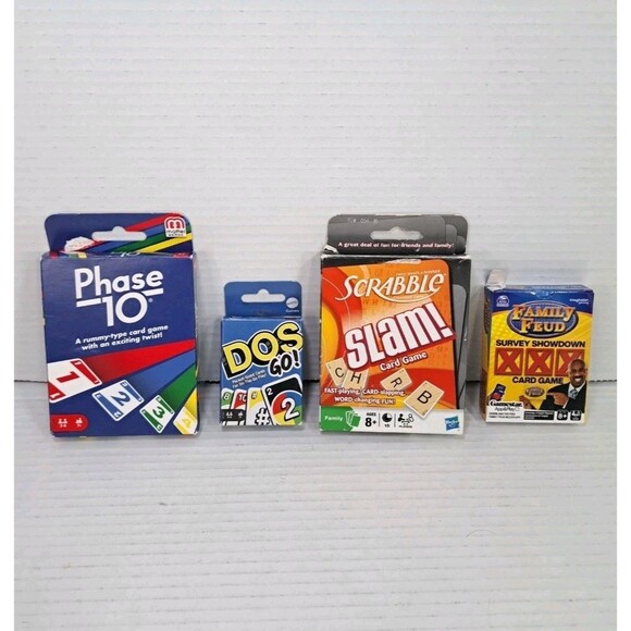 Travel Card Game Lot (4) Phase 10 Scrabble Slam Family Feud DOS Go Complete Set - Picture 1 of 6